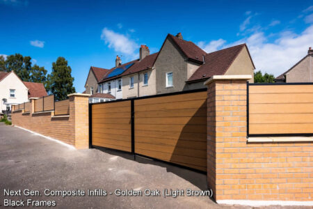 composite driveway gates - next gen golden oak light brown - black steel frames 2