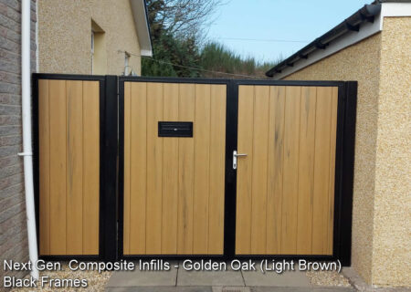 composite driveway gates - next gen golden oak light brown - black steel frames