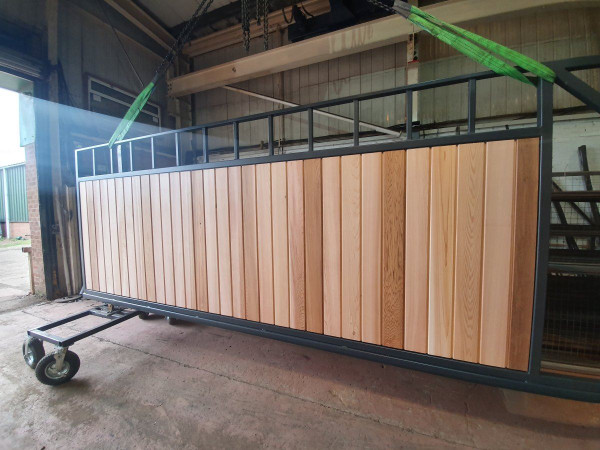 Tall Metal Framed Timber Sliding Gate Panel with Square Feature