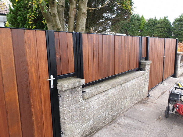 Tall Metal Framed Timber Driveway Gates with Wall Mount and Side Gate
