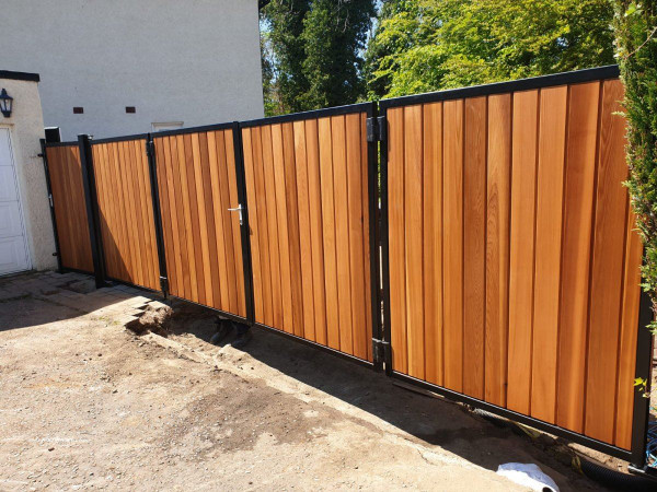 Tall Metal Framed Timber Bi Fold Gates with Side Gate